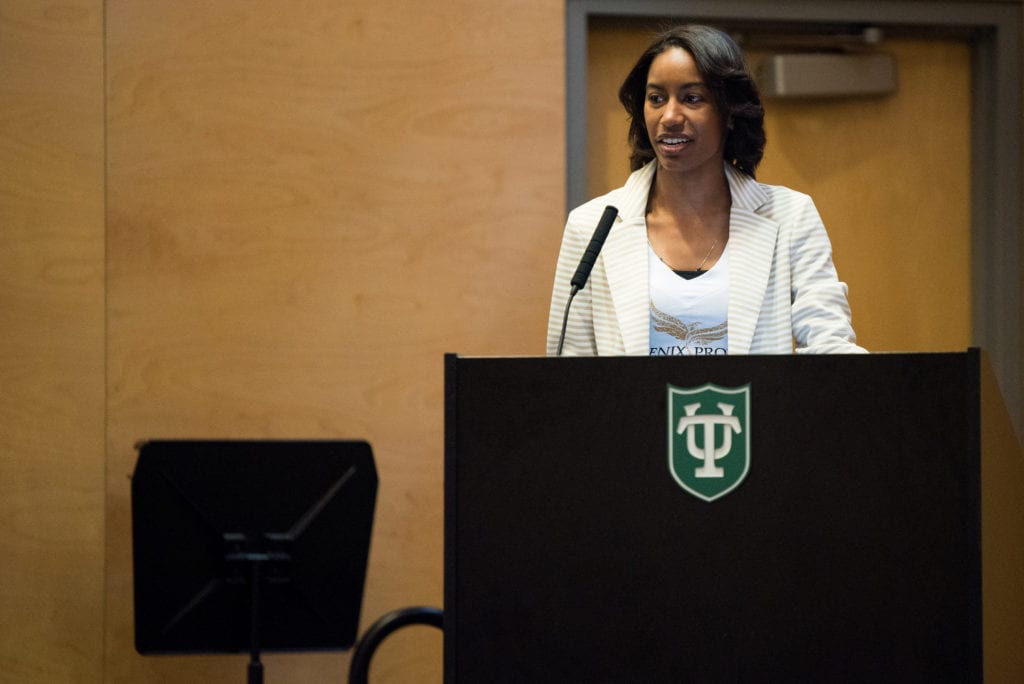 Tulane graduate student Erin Marrero-Savoie presents a pitch for her social venture, Phoenix Project Plus Nola, during the Taylor Student Showcase on April 11, 2018.