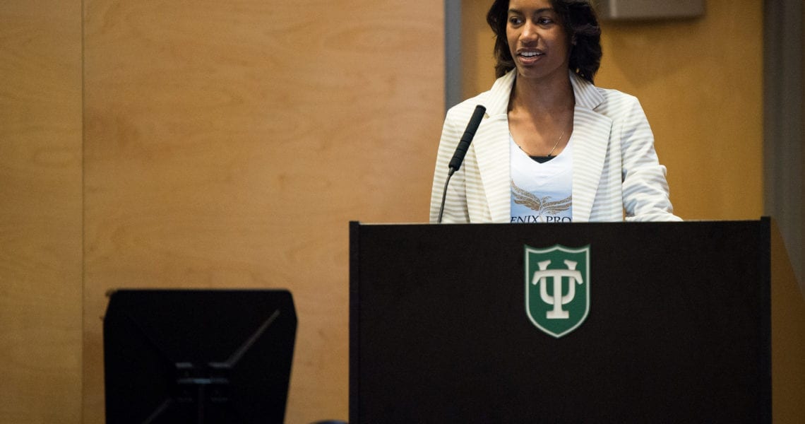 Tulane Graduate Student Erin Marrero-Savoie Presents A Pitch For Her Social Venture, Phoenix Project Plus Nola, During The Taylor Student Showcase On April 11, 2018.