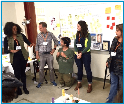 fast-48-2016 Five people talking in front of a whiteboard covered in sticky notes.