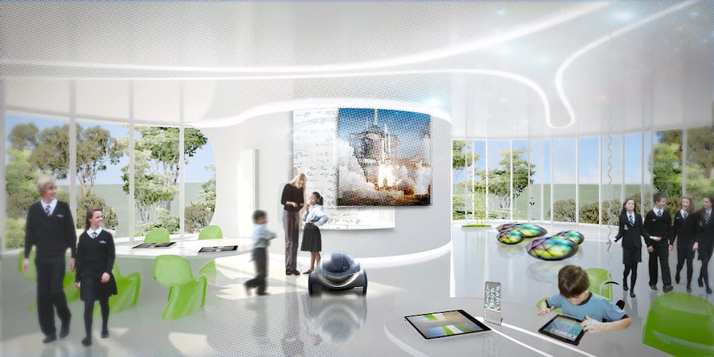 future classroom Image of a classroom in the future with hologram desks, reimagining the classroom itself, and AI tutors.