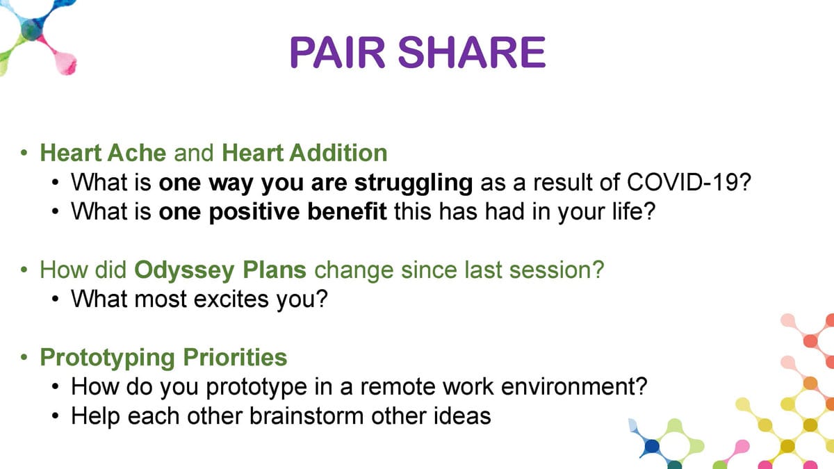 Discussion prompts for students to share in break out rooms during our first online session