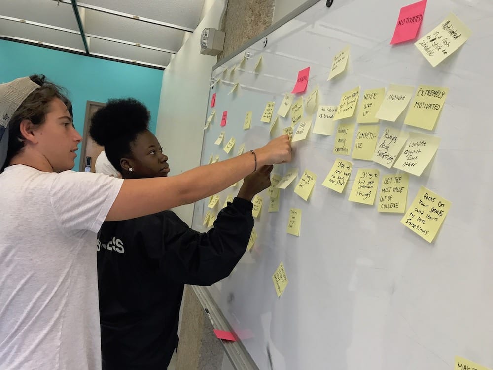 Two students placing post-it notes on a whiteboard.