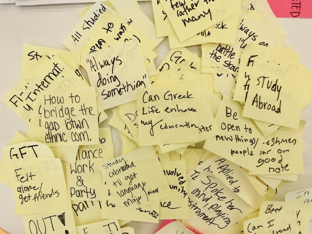 TYT stickies An assortment of sticky notes with different ideas students generated for how to make the most out of their college experience and questions they had related to their college experience