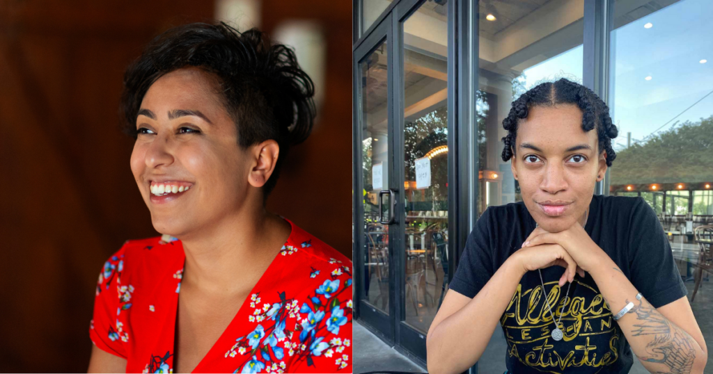 An image of Rae Stephenson, Visiting Assistant Professor in the Taylor Center next to an image of Asia-Vinae Palmer, Program Manager for Campus and Community Partnerships for the Taylor Center
